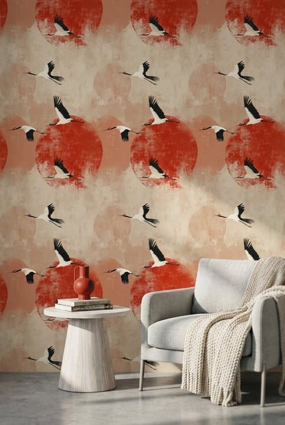 Cranes Wallpaper Modern Nature Removable Wall Decor