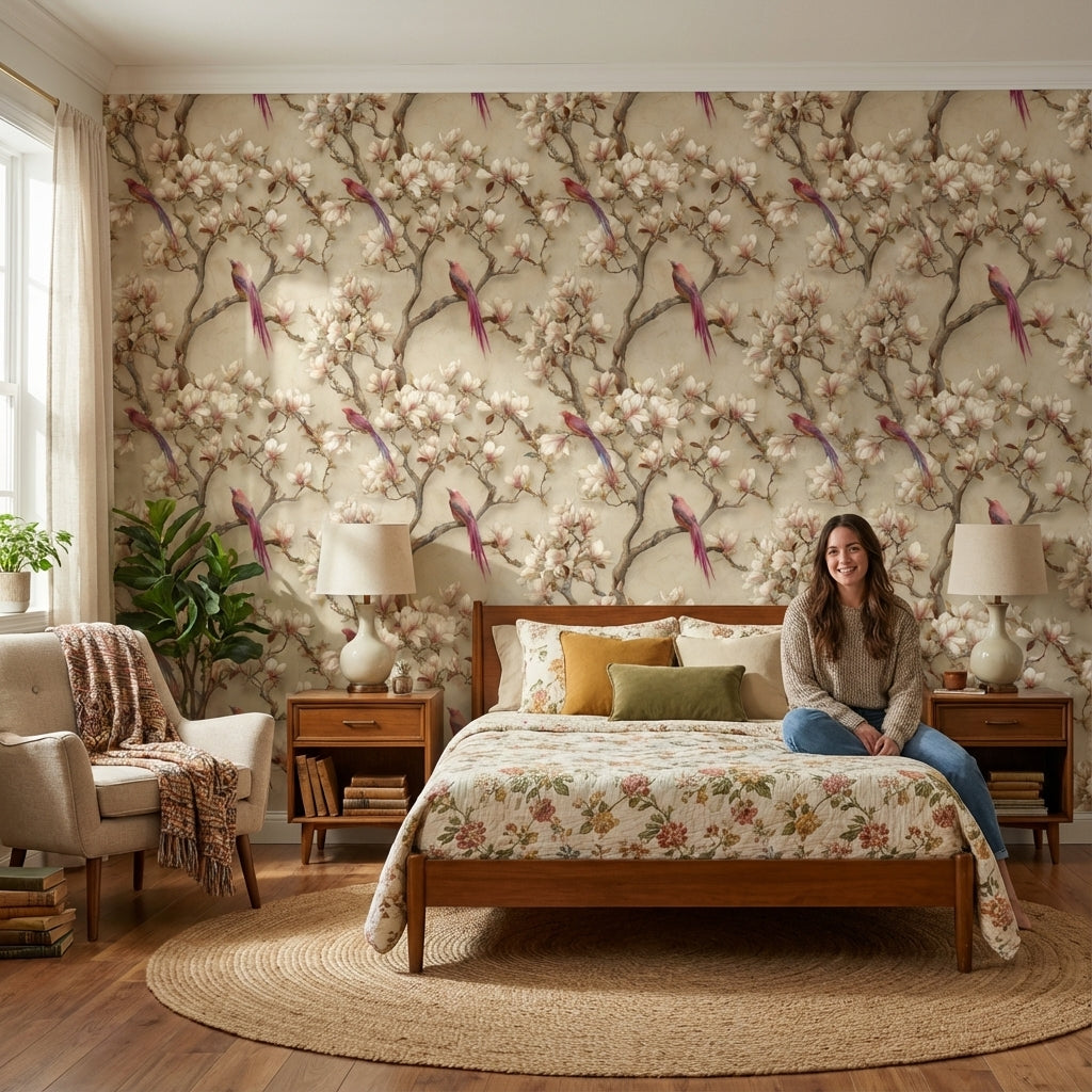 Floral Wallpaper Birds Beige Decorative Mural