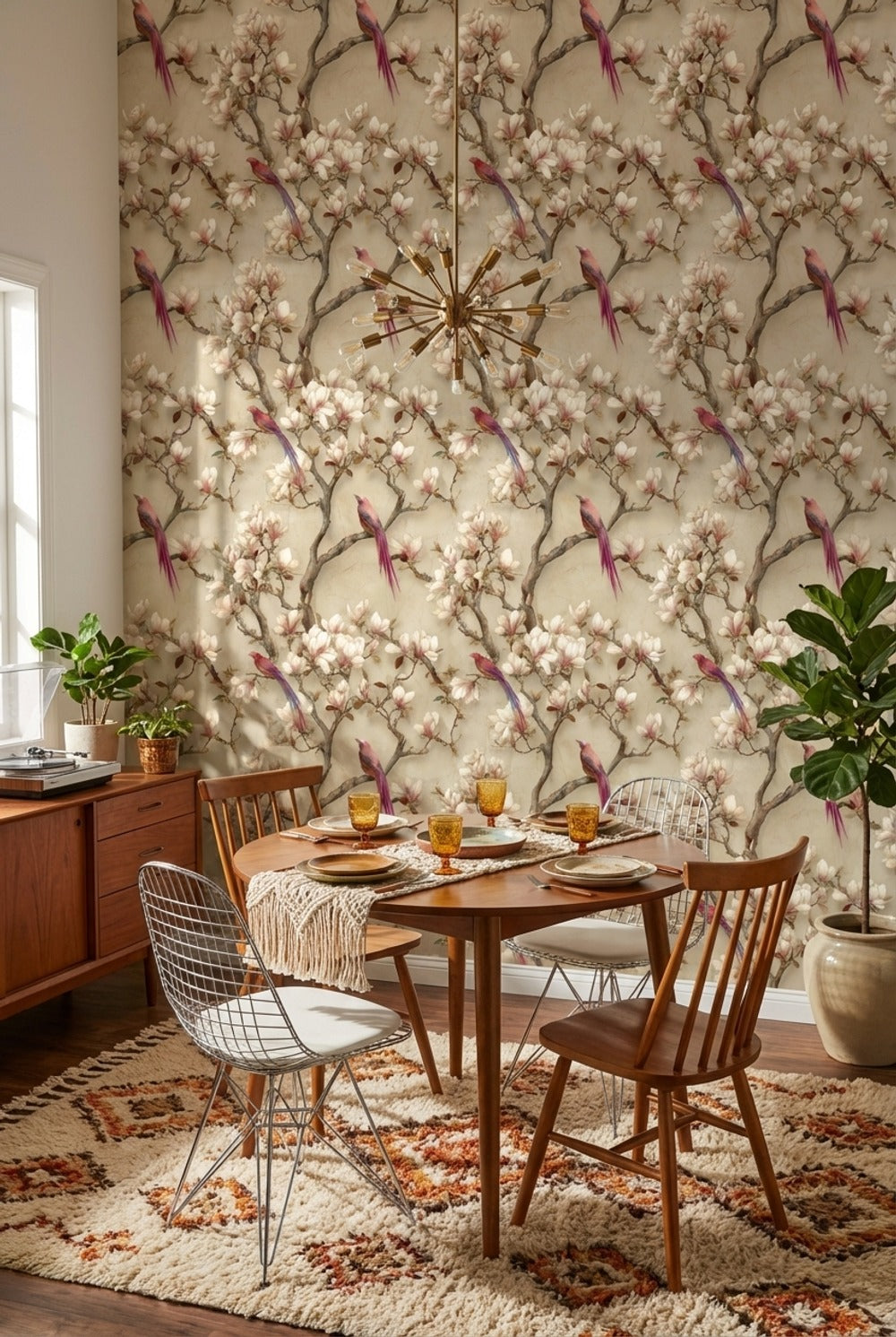 Floral Wallpaper Birds Beige Decorative Mural