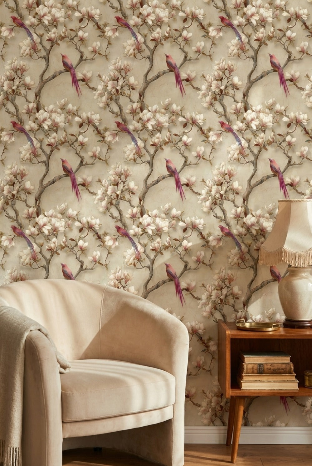 Floral Wallpaper Birds Beige Decorative Mural