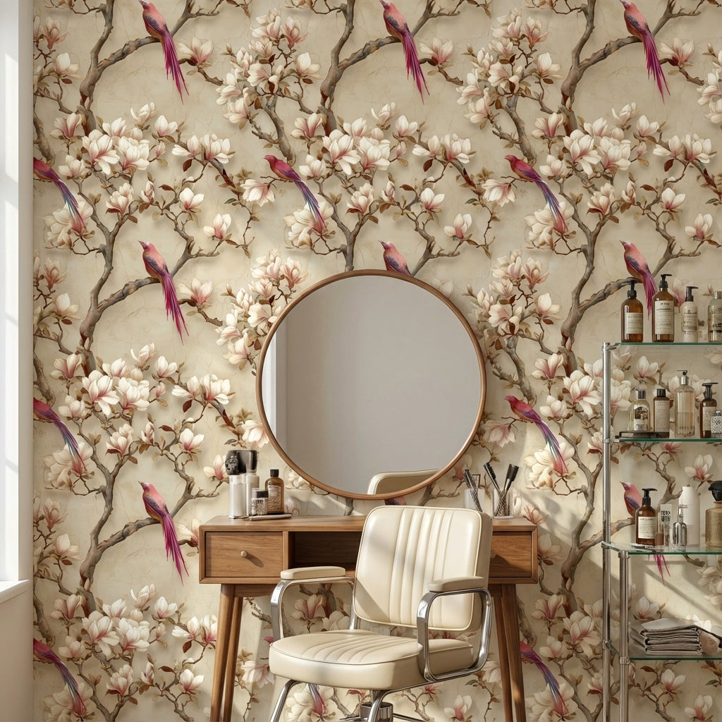 Floral Wallpaper Birds Beige Decorative Mural