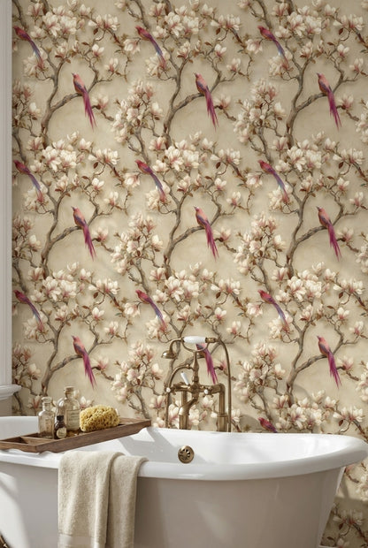 Floral Wallpaper Birds Beige Decorative Mural