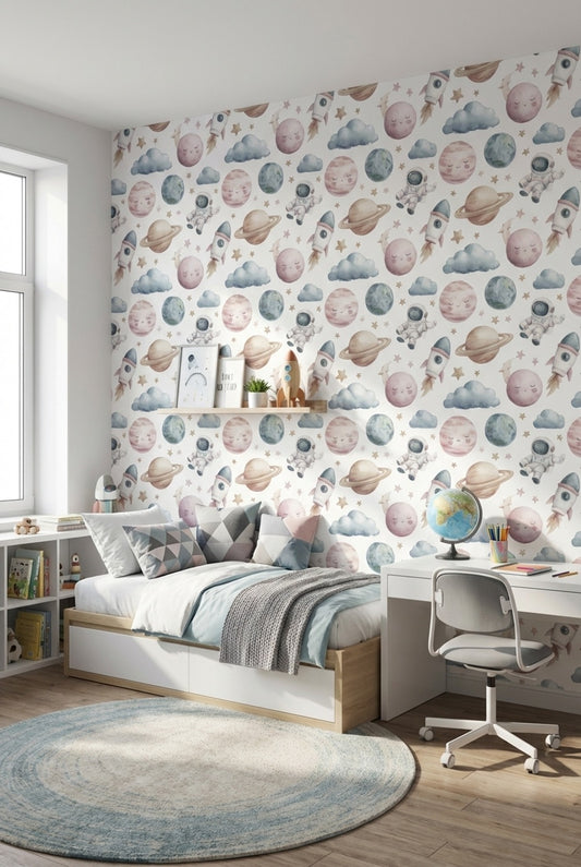 Abstract Pattern Wallpaper Planets Astronaut Wall Decor