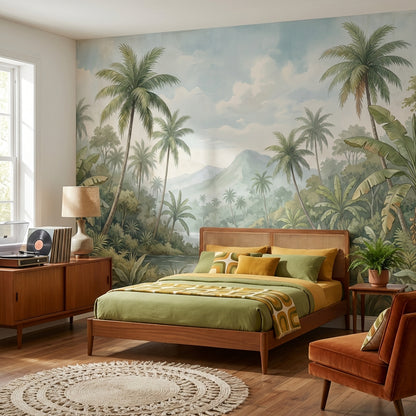 Cloudy Sky Wallpaper Palm Trees Mountain Wall Mural