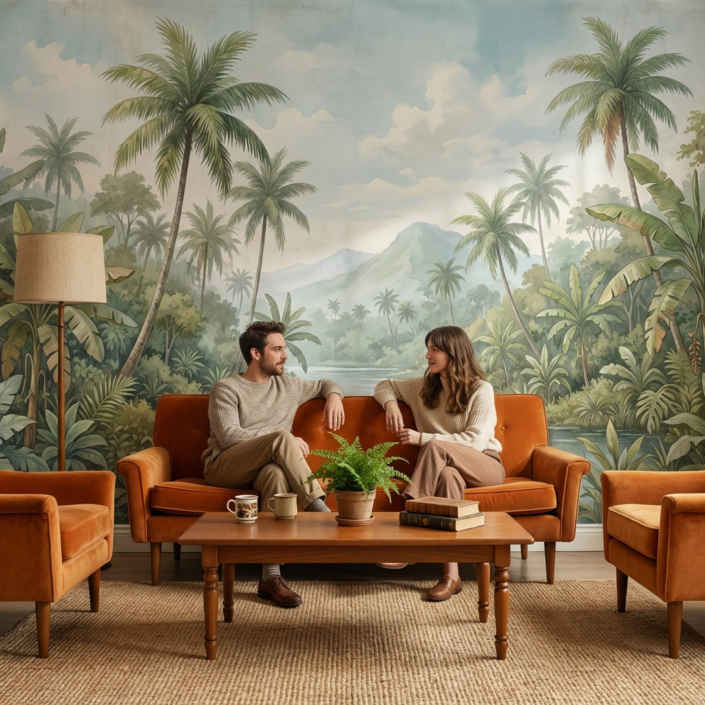 Cloudy Sky Wallpaper Palm Trees Mountain Wall Mural