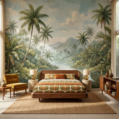 Cloudy Sky Wallpaper Palm Trees Mountain Wall Mural