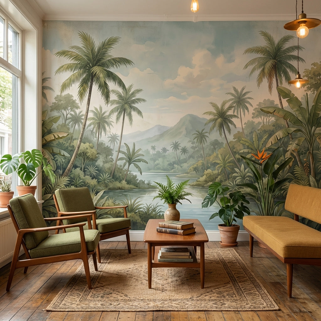 Cloudy Sky Wallpaper Palm Trees Mountain Wall Mural