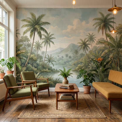 Cloudy Sky Wallpaper Palm Trees Mountain Wall Mural