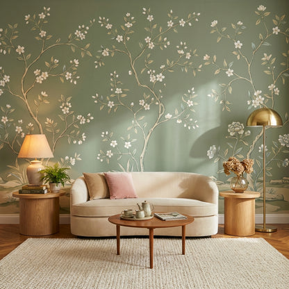 Muted Green Wallpaper Chinoiserie Floral Wall Mural