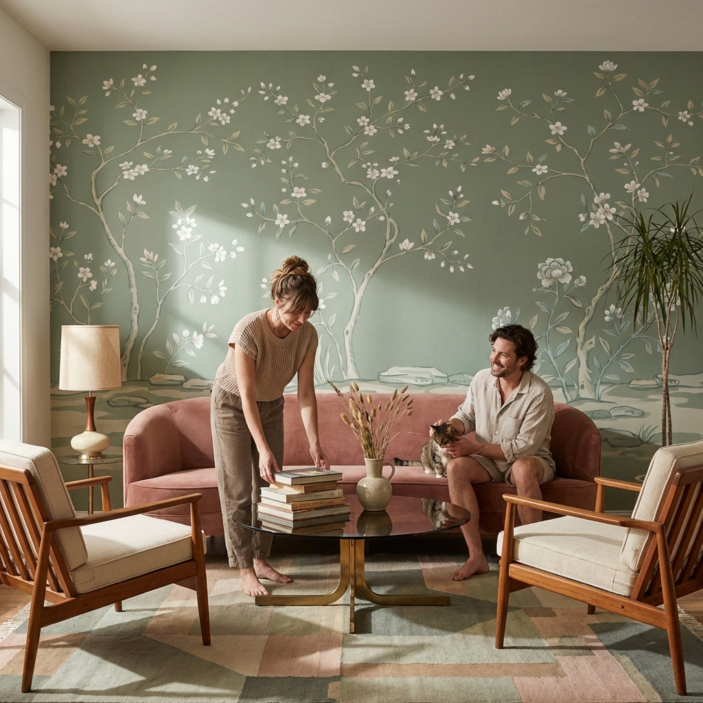 Muted Green Wallpaper Chinoiserie Floral Wall Mural