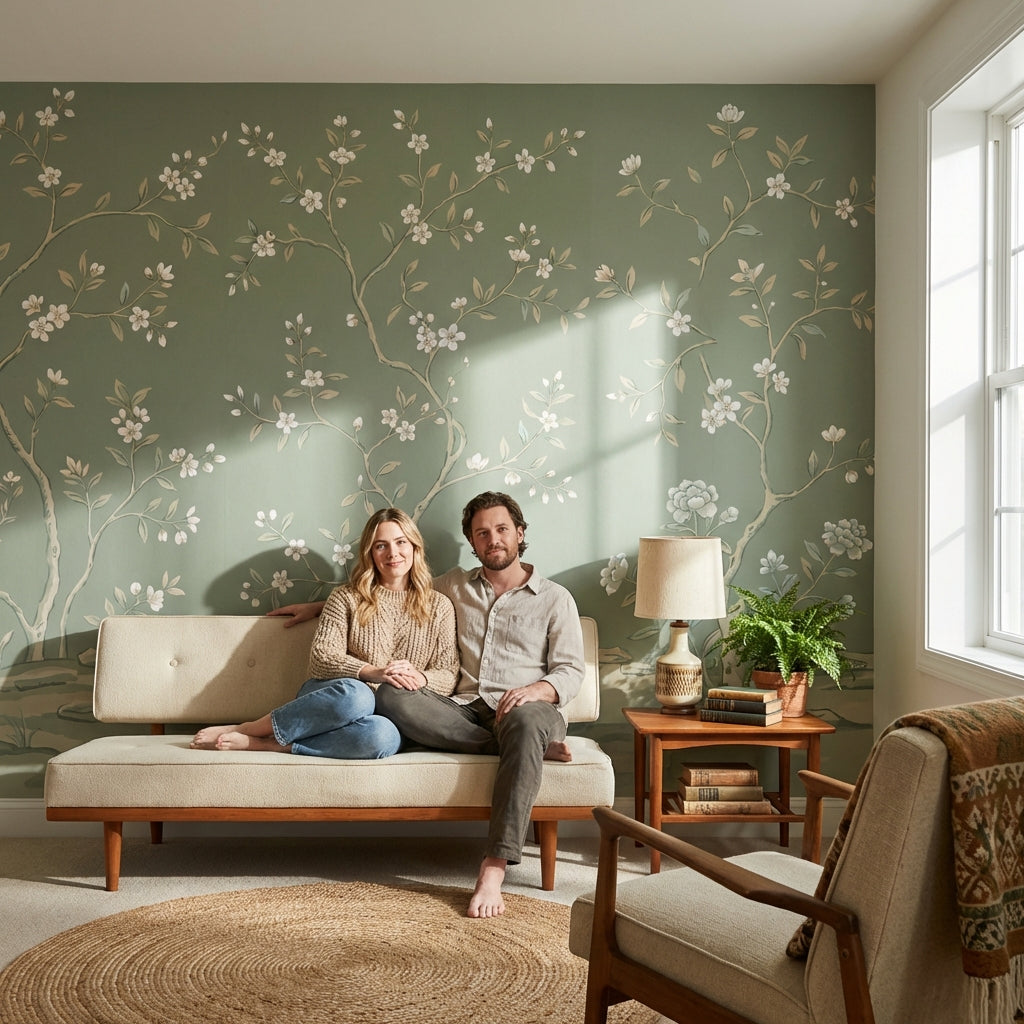 Muted Green Wallpaper Chinoiserie Floral Wall Mural