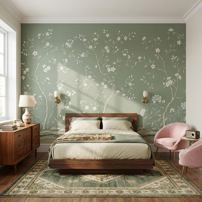 Muted Green Wallpaper Chinoiserie Floral Wall Mural