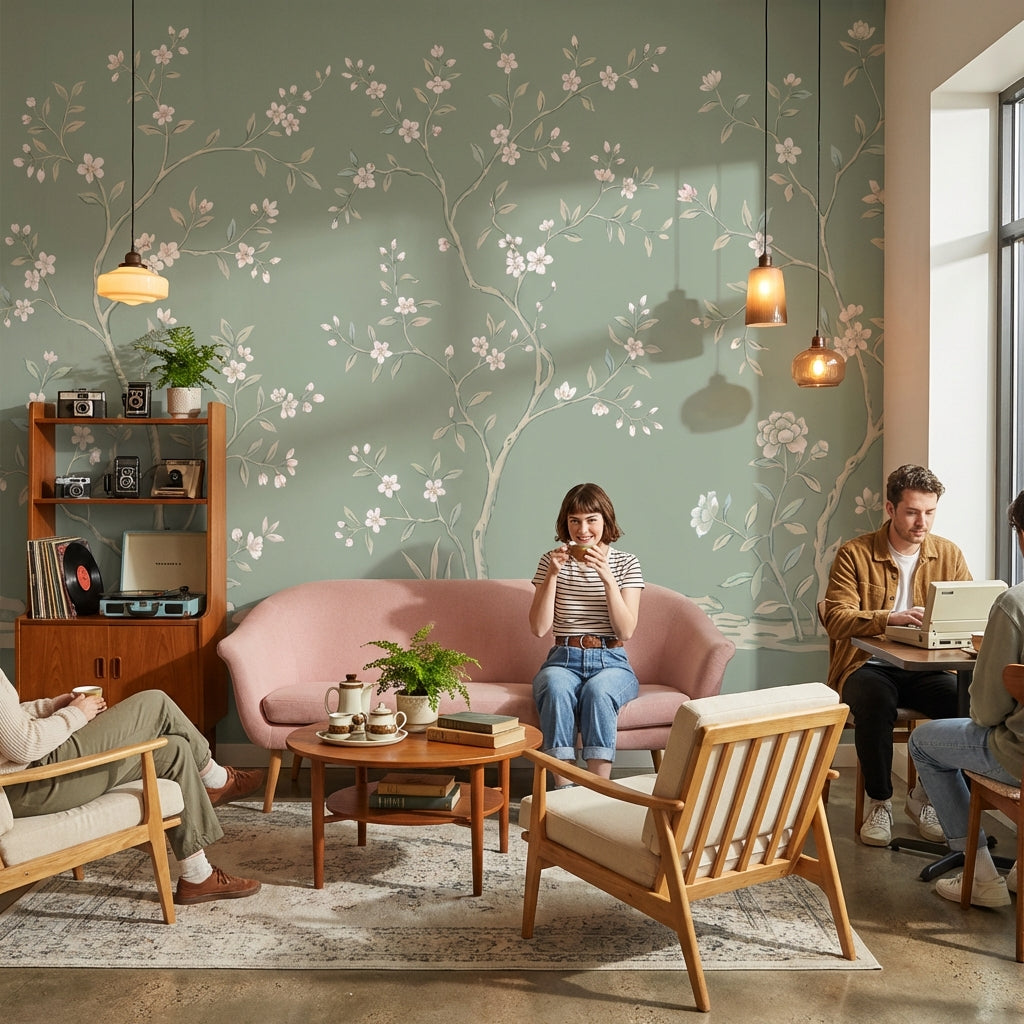 Muted Green Wallpaper Chinoiserie Floral Wall Mural