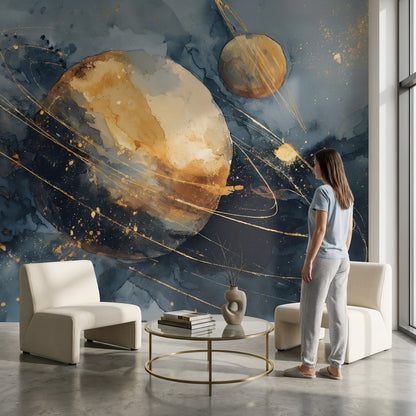 Cosmic Planets Wallpaper Abstract Celestial Wall Mural