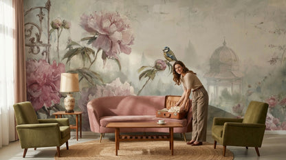 Vintage Floral Wallpaper Peonies Bird Wall Mural