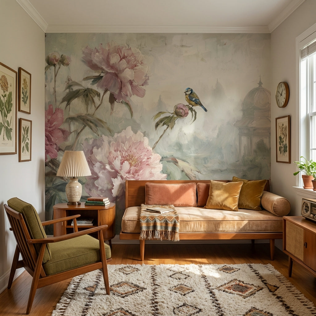 Vintage Floral Wallpaper Peonies Bird Wall Mural