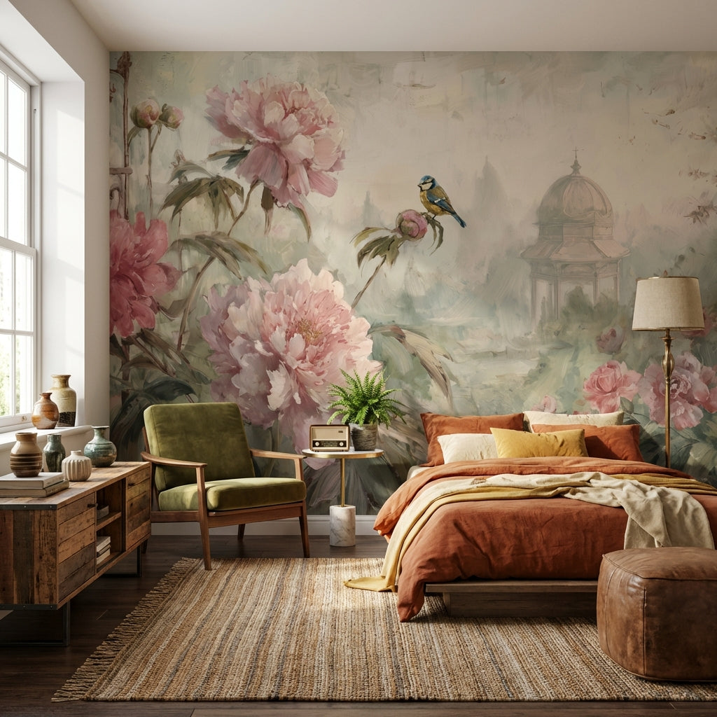 Vintage Floral Wallpaper Peonies Bird Wall Mural
