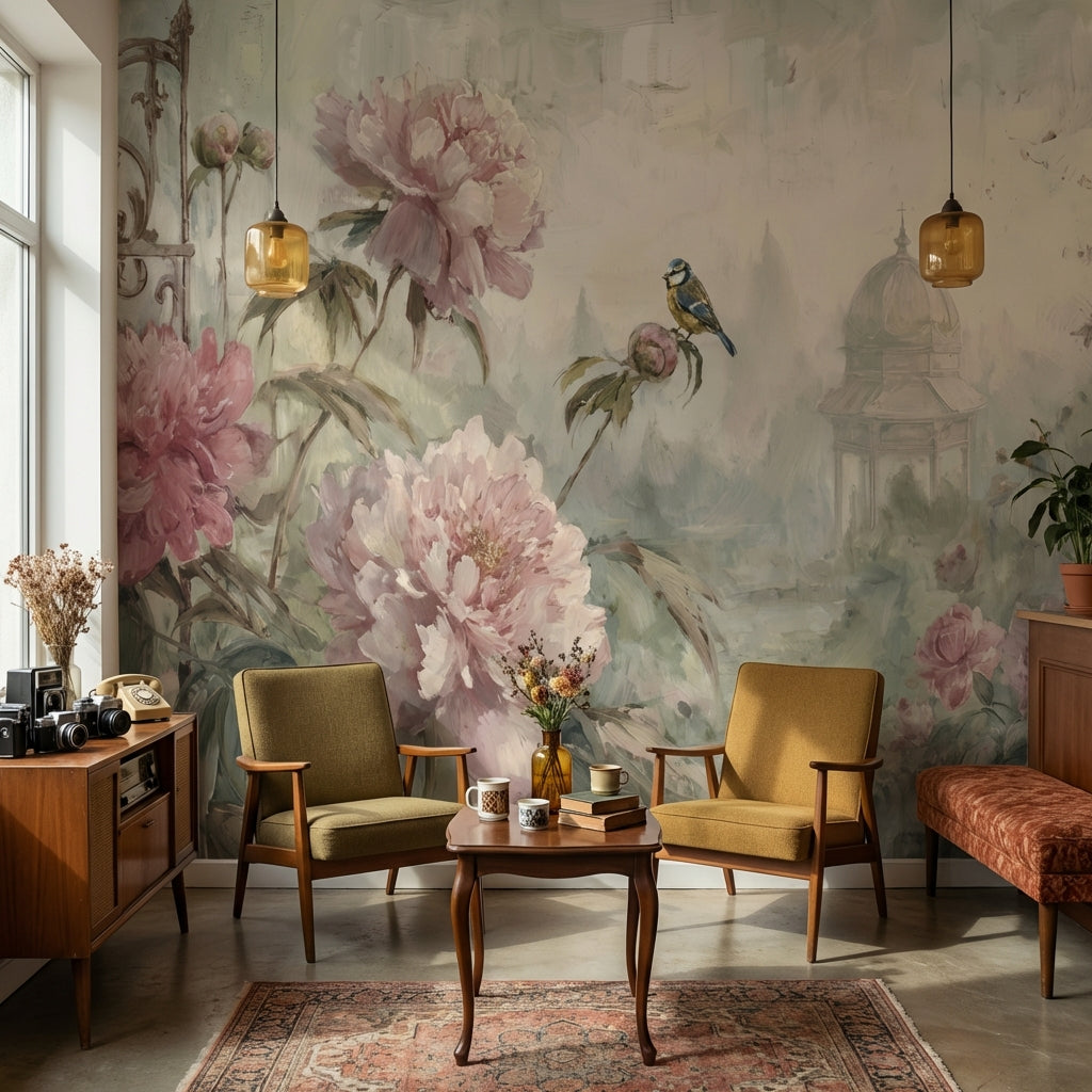 Vintage Floral Wallpaper Peonies Bird Wall Mural