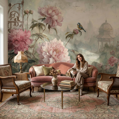 Vintage Floral Wallpaper Peonies Bird Wall Mural