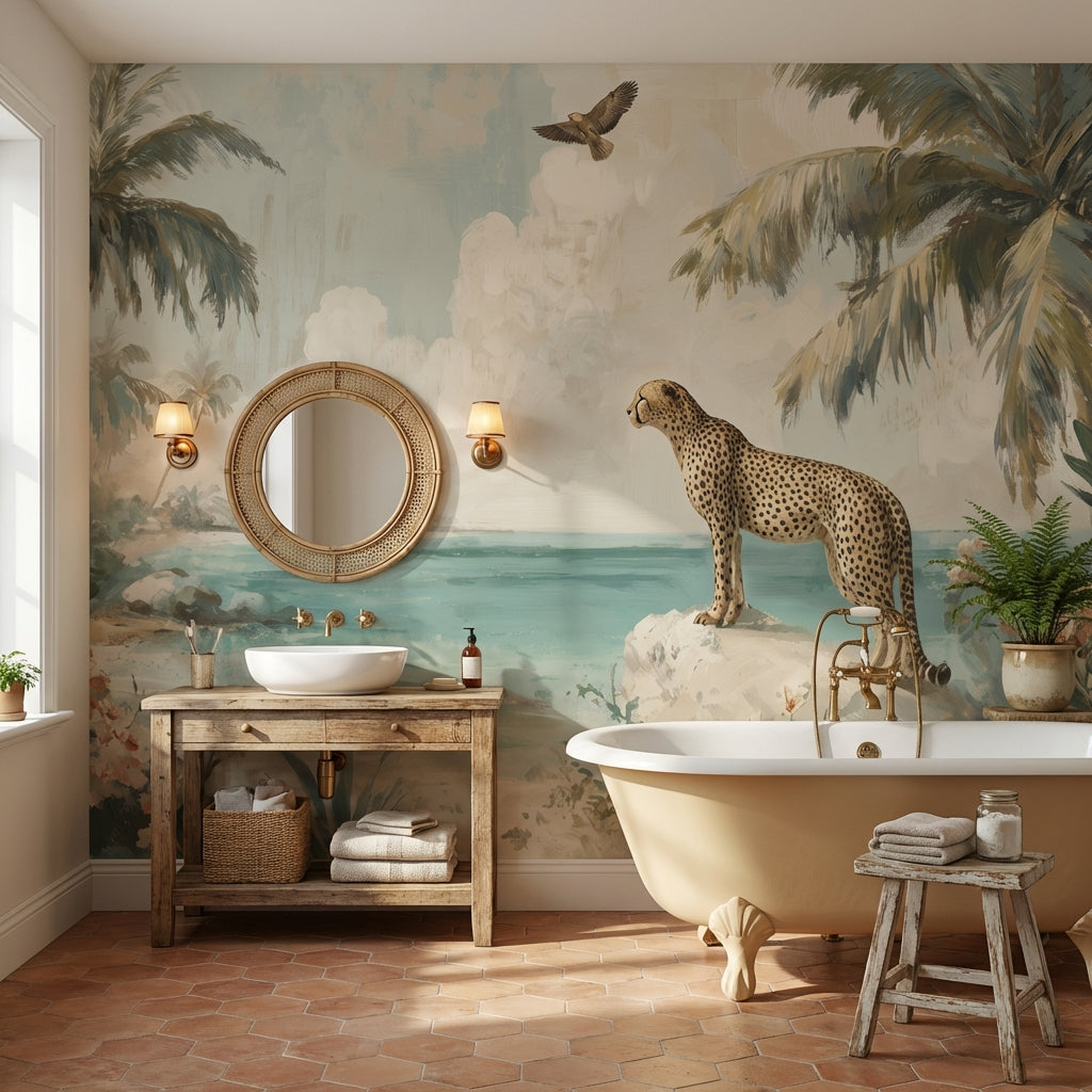 Tropical Landscape Wallpaper Cheetah Floral Wall Decor