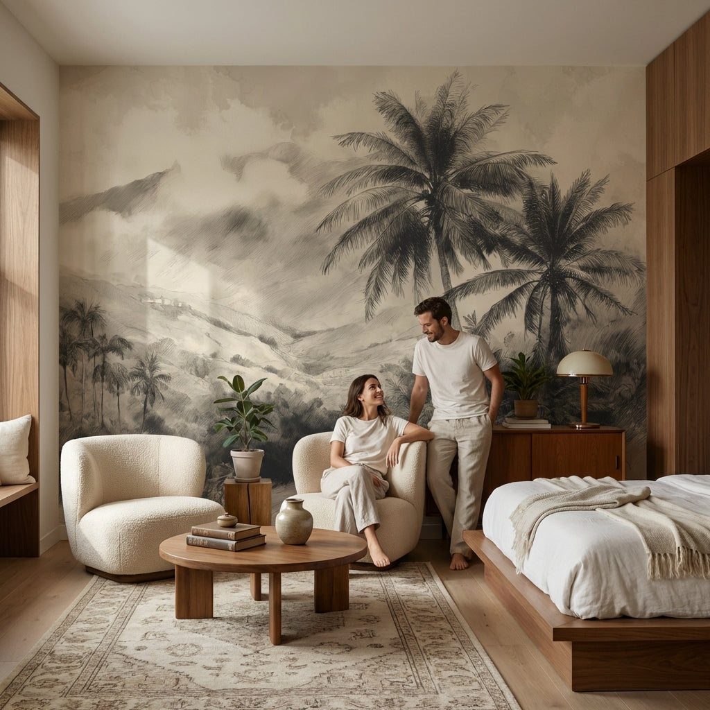 Vintage Tropical Wallpaper Palms Removable Mountain Wall Mural