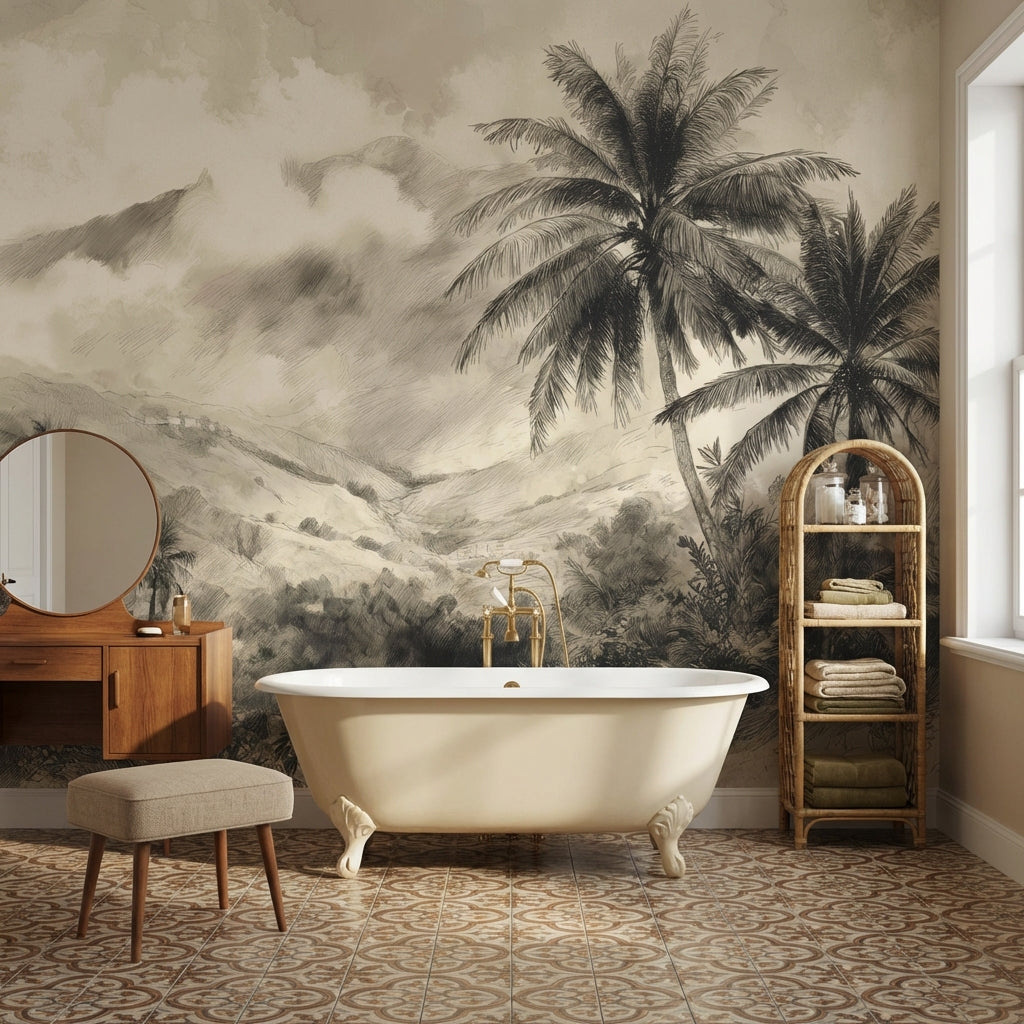 Vintage Tropical Wallpaper Palms Removable Mountain Wall Mural
