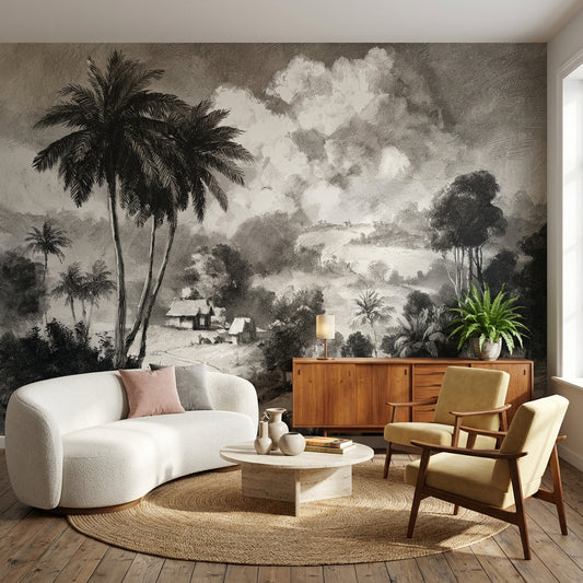 Vintage Wallpaper Palm Trees Gray Wall Decor