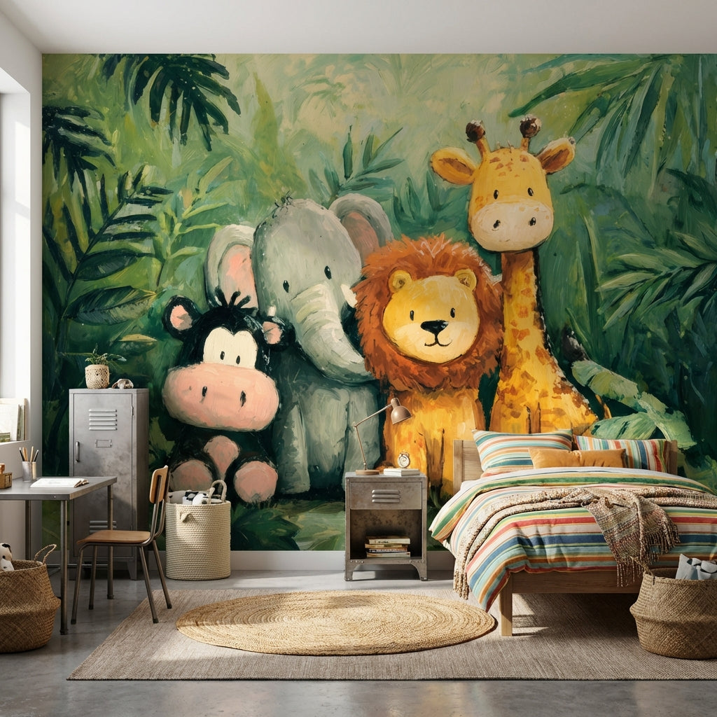 Jungle Animals Wallpaper Green Playful Wall Decor