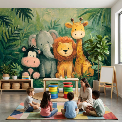 Jungle Animals Wallpaper Green Playful Wall Decor