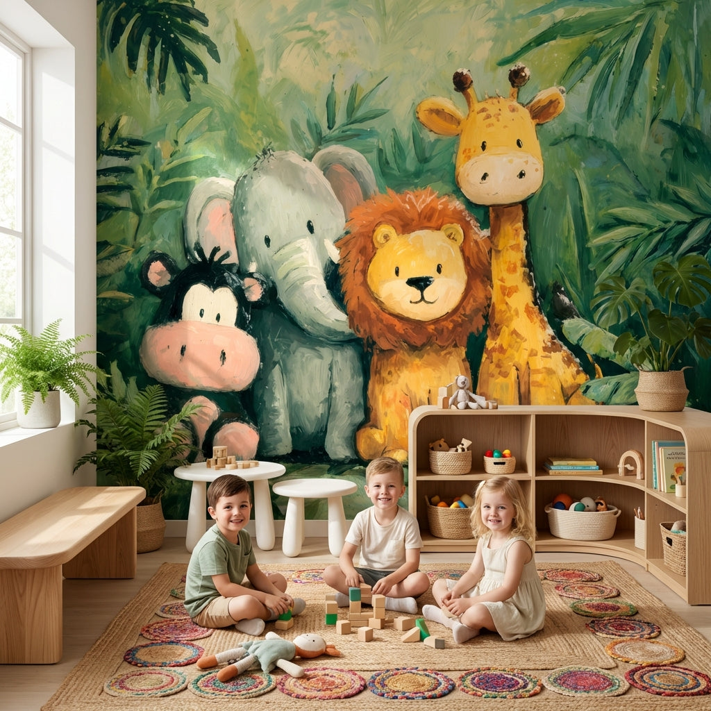 Jungle Animals Wallpaper Green Playful Wall Decor