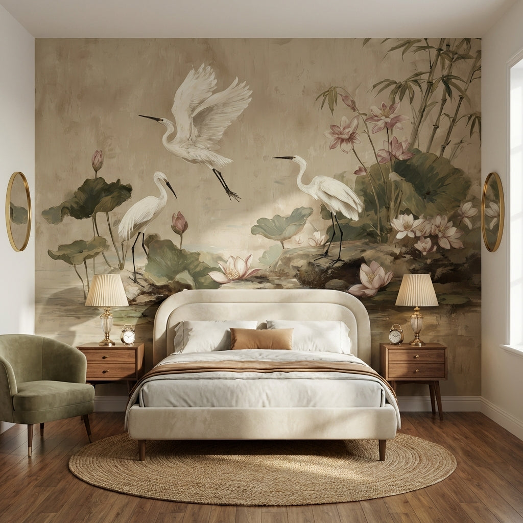 Egrets Wallpaper Lotus Removable Bamboo Wall Mural