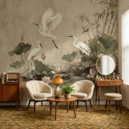 Egrets Wallpaper Lotus Removable Bamboo Wall Mural