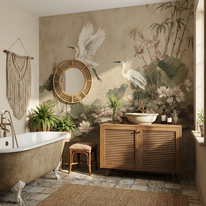 Egrets Wallpaper Lotus Removable Bamboo Wall Mural