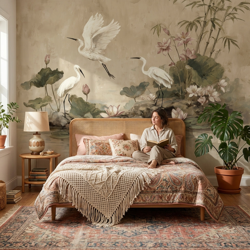 Egrets Wallpaper Lotus Removable Bamboo Wall Mural