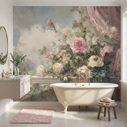 Cloudy Sky Wallpaper Vintage Floral Wall Mural