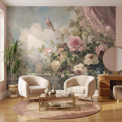 Cloudy Sky Wallpaper Vintage Floral Wall Mural