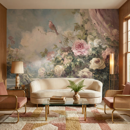 Cloudy Sky Wallpaper Vintage Floral Wall Mural