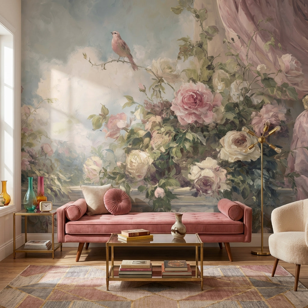 Cloudy Sky Wallpaper Vintage Floral Wall Mural