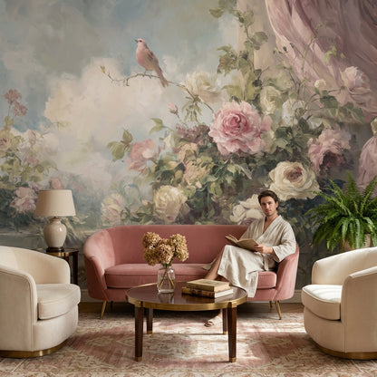 Cloudy Sky Wallpaper Vintage Floral Wall Mural