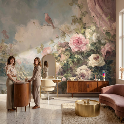 Cloudy Sky Wallpaper Vintage Floral Wall Mural