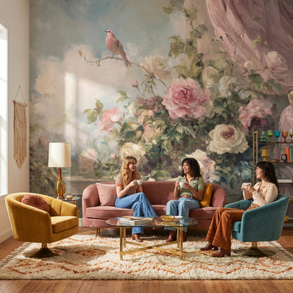 Cloudy Sky Wallpaper Vintage Floral Wall Mural