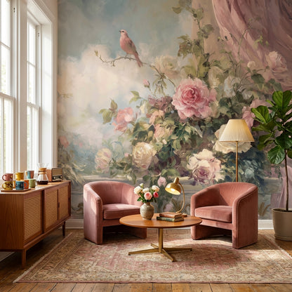 Cloudy Sky Wallpaper Vintage Floral Wall Mural
