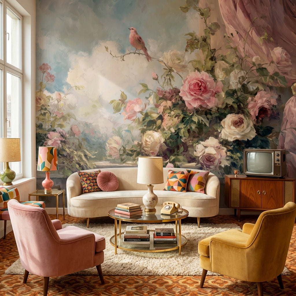 Cloudy Sky Wallpaper Vintage Floral Wall Mural