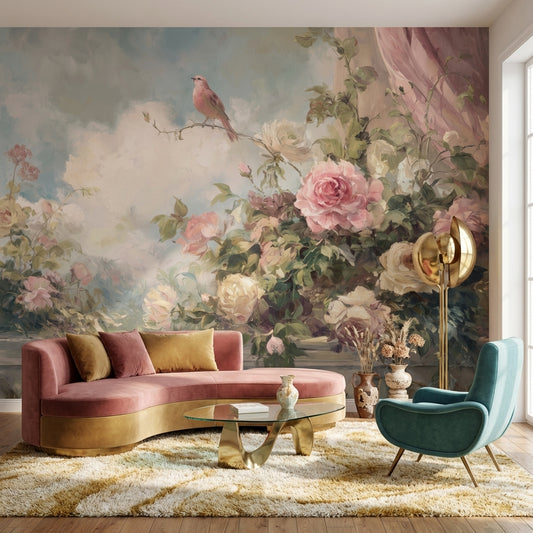Cloudy Sky Wallpaper Vintage Floral Wall Mural