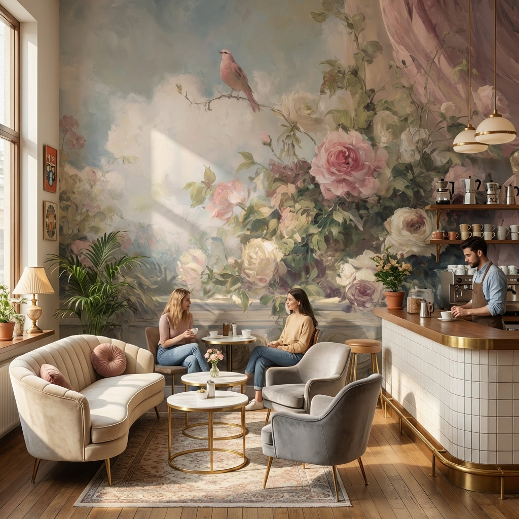 Cloudy Sky Wallpaper Vintage Floral Wall Mural