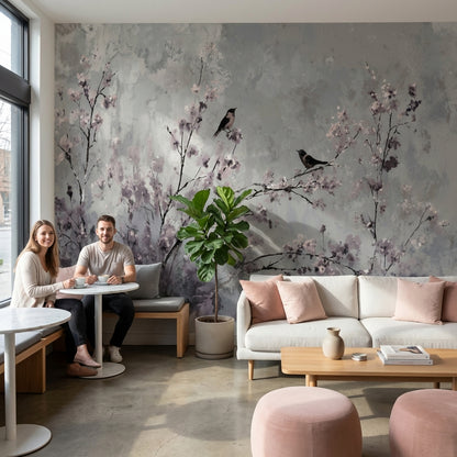 Floral Wallpaper Birds Cherry Blossoms Removable Wall Decor