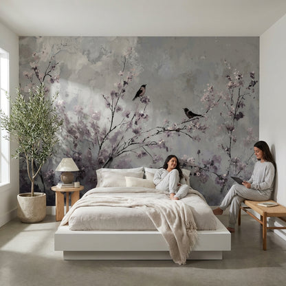 Floral Wallpaper Birds Cherry Blossoms Removable Wall Decor