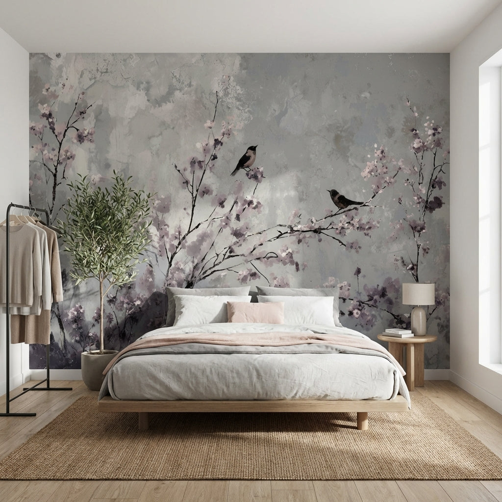 Floral Wallpaper Birds Cherry Blossoms Removable Wall Decor