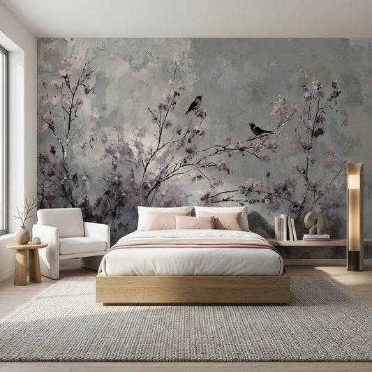 Floral Wallpaper Birds Cherry Blossoms Removable Wall Decor
