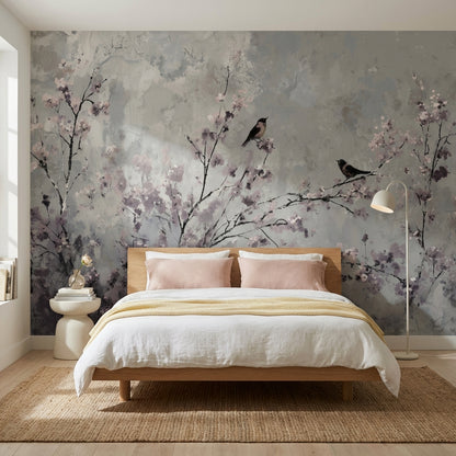 Floral Wallpaper Birds Cherry Blossoms Removable Wall Decor